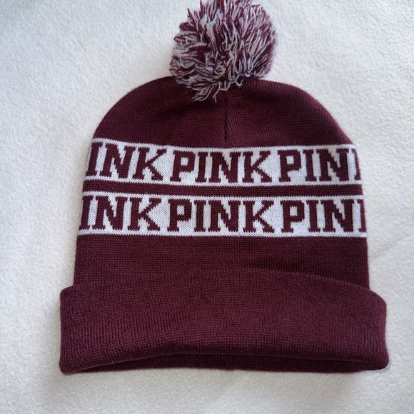 Victoria's Secret PINK Beanie Pom Pom Hat Burgundy Knit One Size - Picture 1 of 2